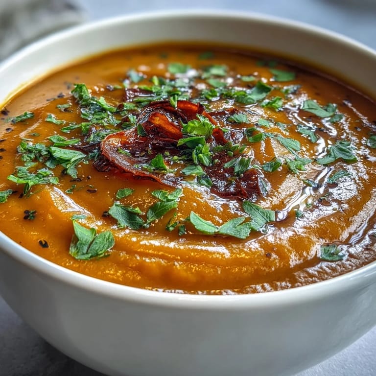 Homemade Roasted Vegetable Soup with rich, caramelized vegetables, ready to serve with a side salad.