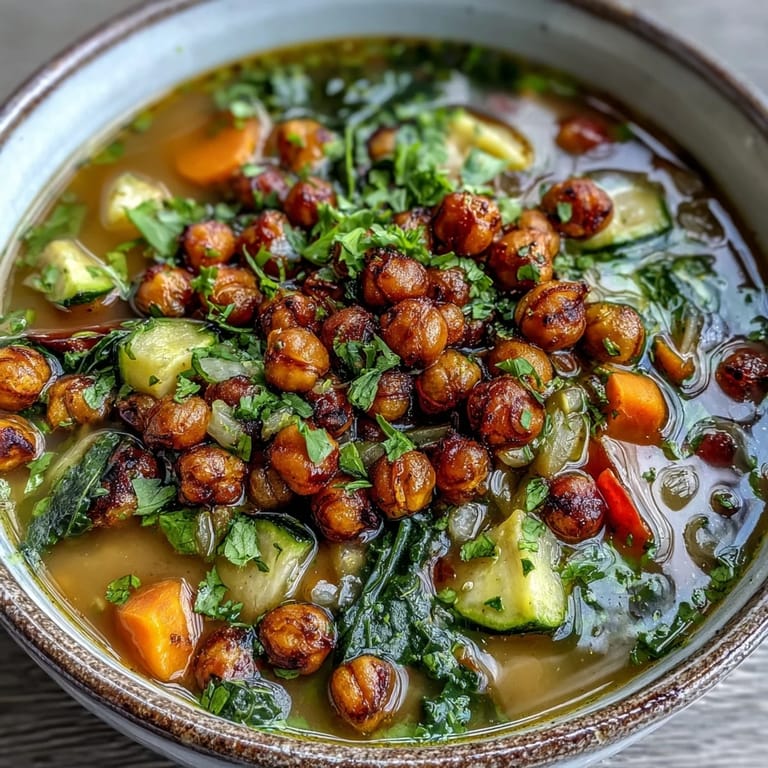 Healthy vegan Spiced Chickpea and Vegetable Soup served in a rustic bowl with crusty bread.