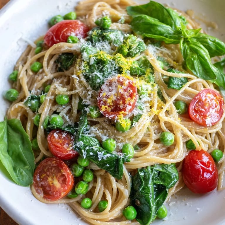 Overhead view of a serving of Spring Veggie One-Pot Spaghetti, garnished with fresh basil and cheese, perfect for an easy weeknight dinner.