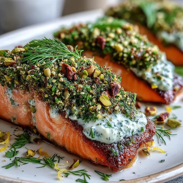 Served with lemon wedges on a rustic plate, Confit Salmon with Tahini, Pistachio and Herb Crust looks delicious.