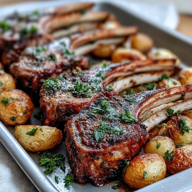Golden roasted baby potatoes tossed with green olives, capers, and smoked paprika, paired with herb-crusted One-Pan Roast Rack of Lamb and Green Olive Potatoes.