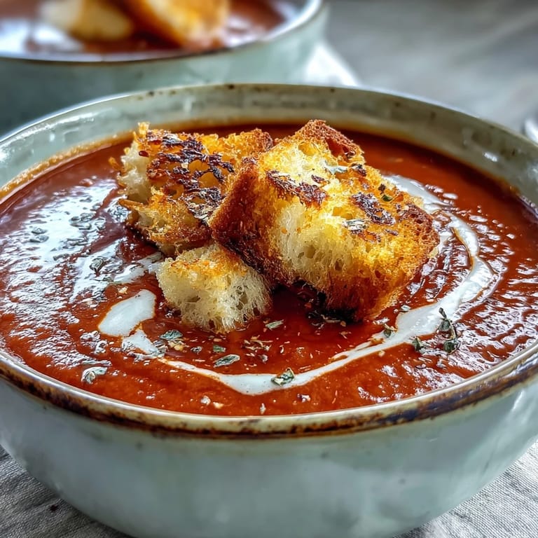 A vibrant bowl of Roasted Red Pepper Soup With Crispy Croutons topped with fresh herbs.
