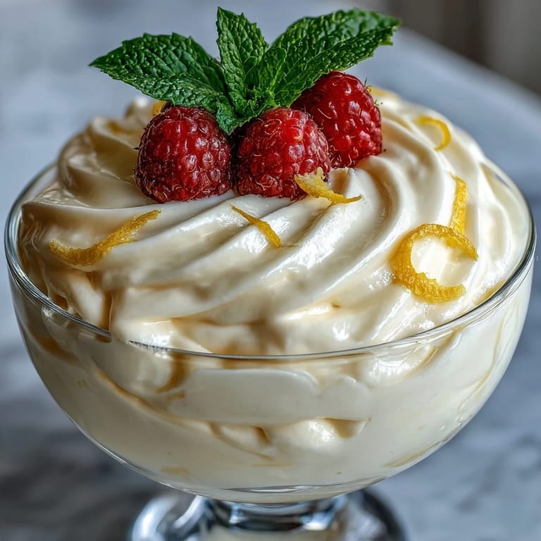 Chilled Lemon Fool in a stemmed glass, garnished with fresh berries, offering a refreshing, no-bake British dessert with bright citrus notes.