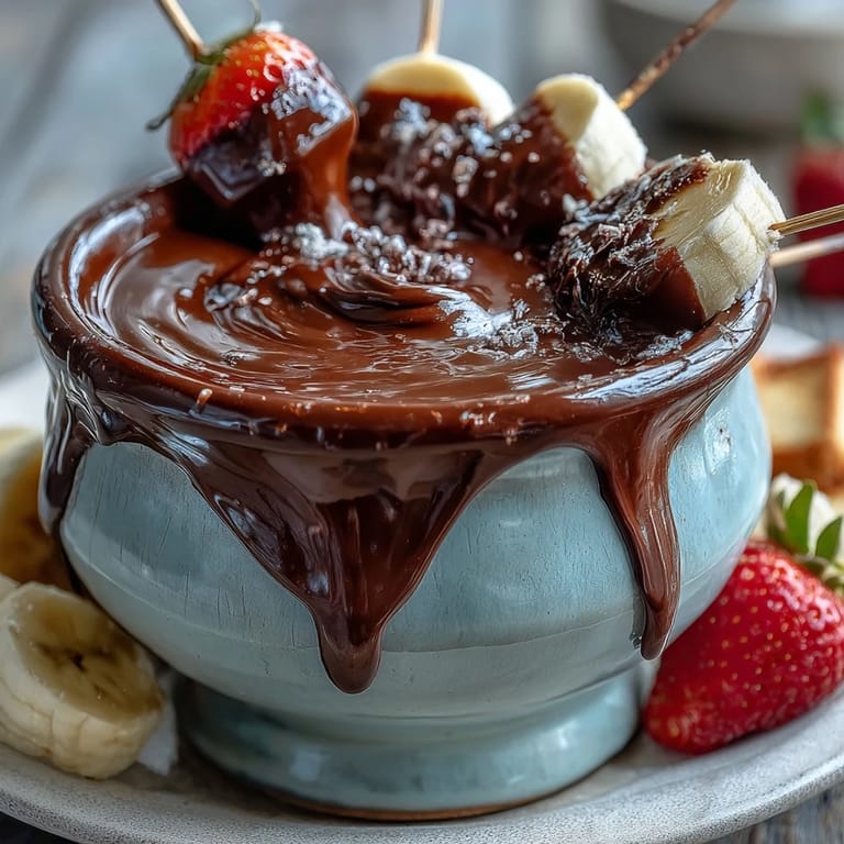 Dessert platter featuring Boozy Chocolate Fondue surrounded by pretzels, bananas, and strawberries for a sweet and salty treat.
