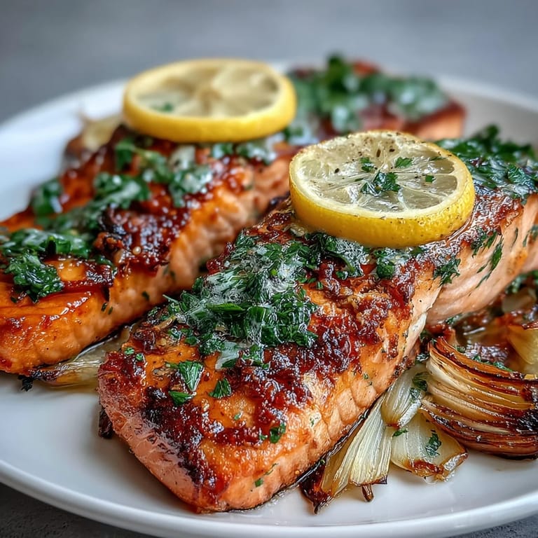 Freshly prepared One-Pan Roast Salmon showcases lemon slices and zesty parsley dressing, ideal for an easy gluten-free weeknight dinner. 