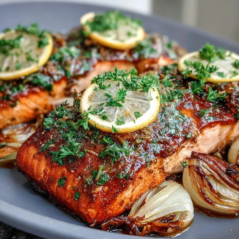 A rustic skillet of One-Pan Roast Salmon features tender vegetables and lemon slices, ready to serve with steamed rice on the side.