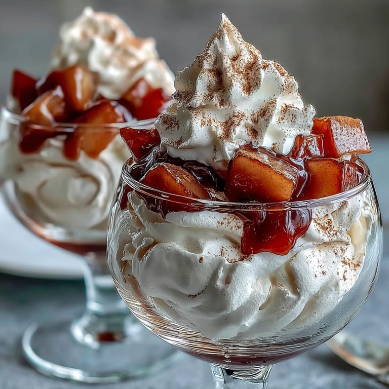 Eight Mini Hot Toddy Pavlovas topped with whisky-spiked pears and vanilla whipped cream on a marble surface.