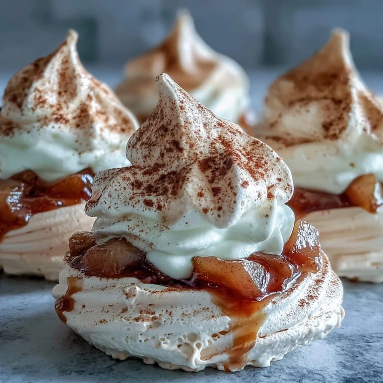 Close-up of Mini Hot Toddy Pavlovas revealing airy meringue, cinnamon-poached pears, and velvety whipped cream.