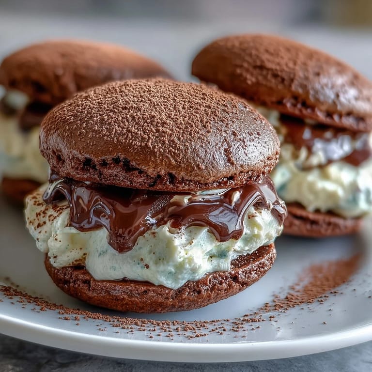 Stack of Tiramisu Whoopie Pies on a marble board, showcasing cake-like cookies and creamy coffee mascarpone centers.