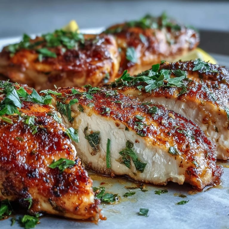 Juicy Oven Baked Chicken Breast garnished with parsley and lemon, ideal for meal prep containers or sandwiches.