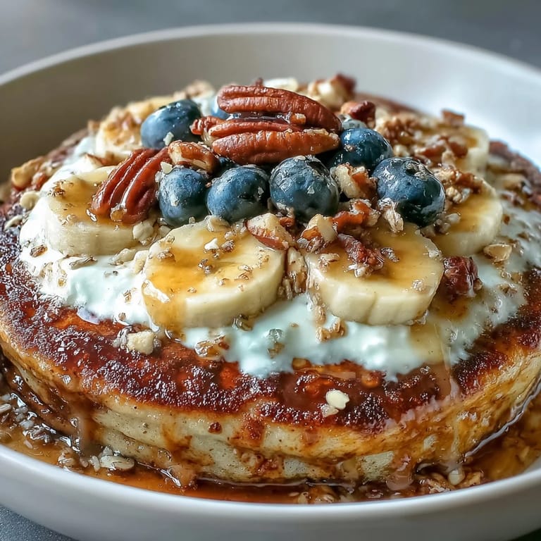 Golden Protein Pancake Bowl featuring a warm oat and banana base, drizzled with honey and creamy nut butter for a satisfying breakfast.