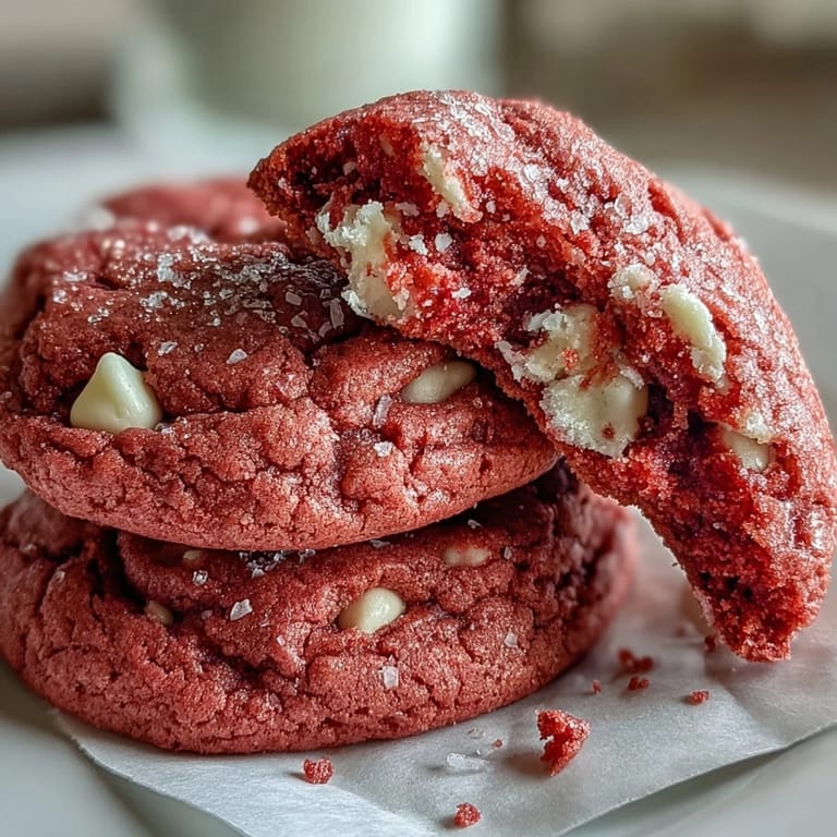 Close-up of a pink velvet cookie broken in half, revealing soft, chewy centers and melty white chocolate chips.  