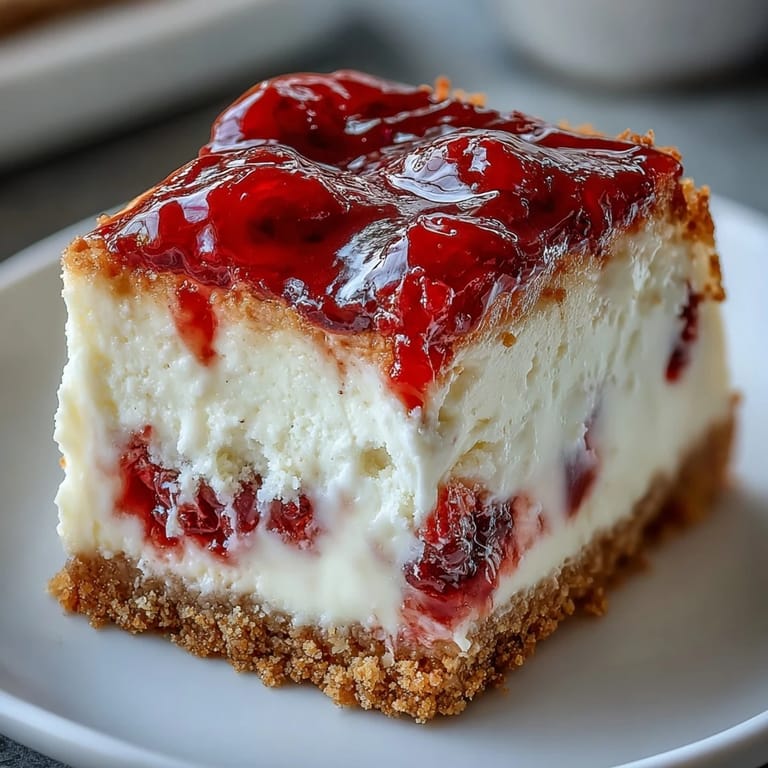 A plated wedge of Indulgent White Chocolate Raspberry Cheesecake Bliss showcases a crisp crust, velvety white chocolate filling, and a drizzle of tart raspberry sauce.