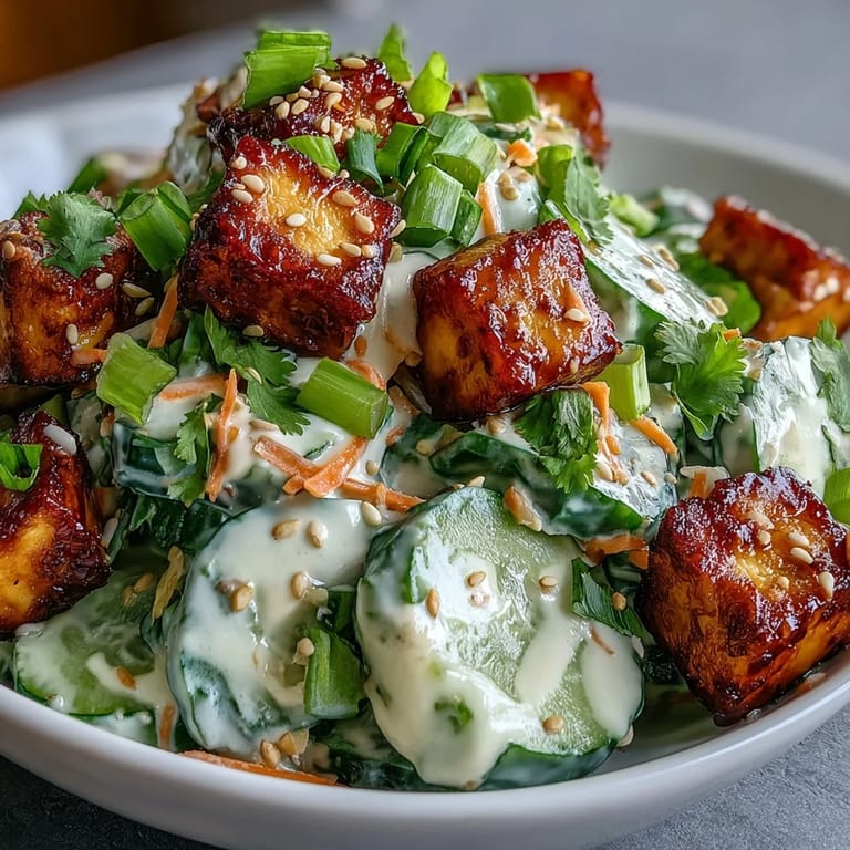 A close-up of golden, ultra-crispy tofu cubes and crunchy cucumber slices tossed in creamy sesame-ginger dressing, garnished with fresh green onions and sesame seeds.