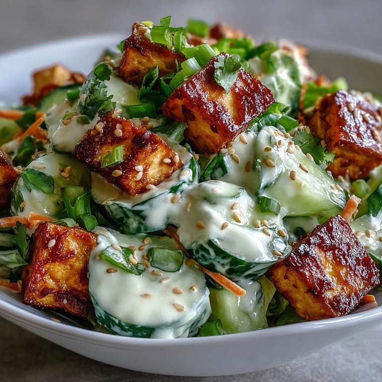 Freshly prepared Creamy Asian Cucumber Salad with Crispy Tofu, featuring vibrant carrot matchsticks and a drizzle of chili oil, perfect for a light lunch.
