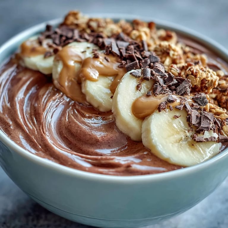 Creamy Chocolate Peanut Butter Smoothie Bowl served in a white bowl, featuring dark chocolate shavings and sliced bananas.