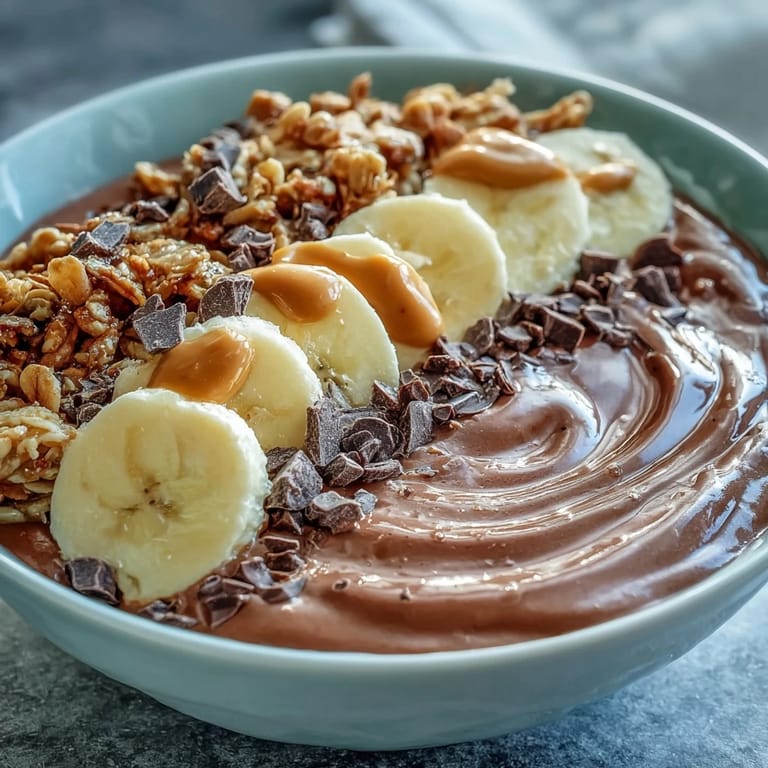 Vibrant photo of a Chocolate Peanut Butter Smoothie Bowl, garnished with fresh fruit and granola for a healthy breakfast.
