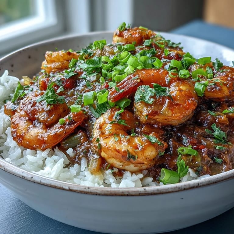 Close-up of Classic New Orleans Étouffée featuring tender shrimp in a rich, dark roux sauce over rice.