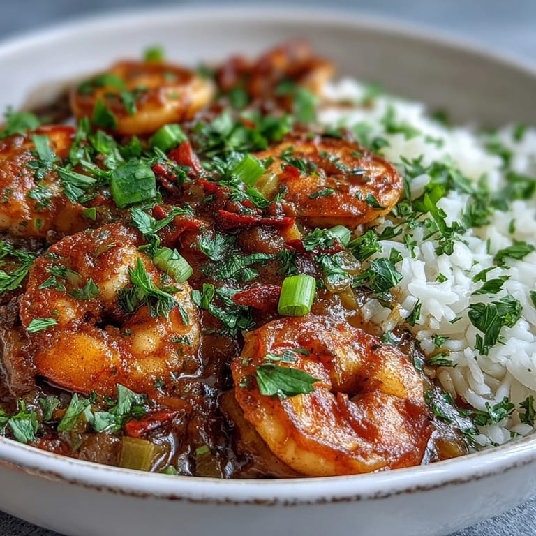 Classic New Orleans Étouffée in a rustic bowl, topped with green onions and served with crusty bread.