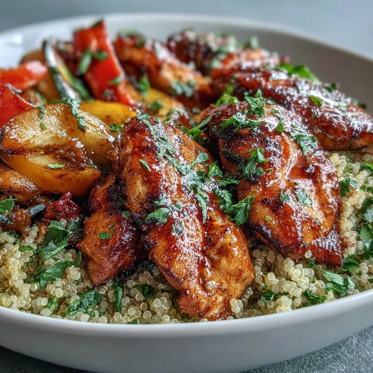 Colorful roasted vegetables and golden paprika herb chicken in a quinoa bowl, drizzled with rose harissa for a fragrant kick.