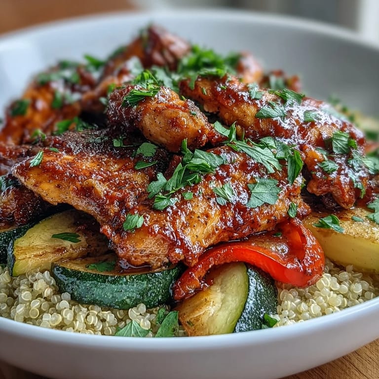 Sliced paprika herb chicken is arranged over a wholesome quinoa base, garnished with fresh parsley and bright lemon wedges.