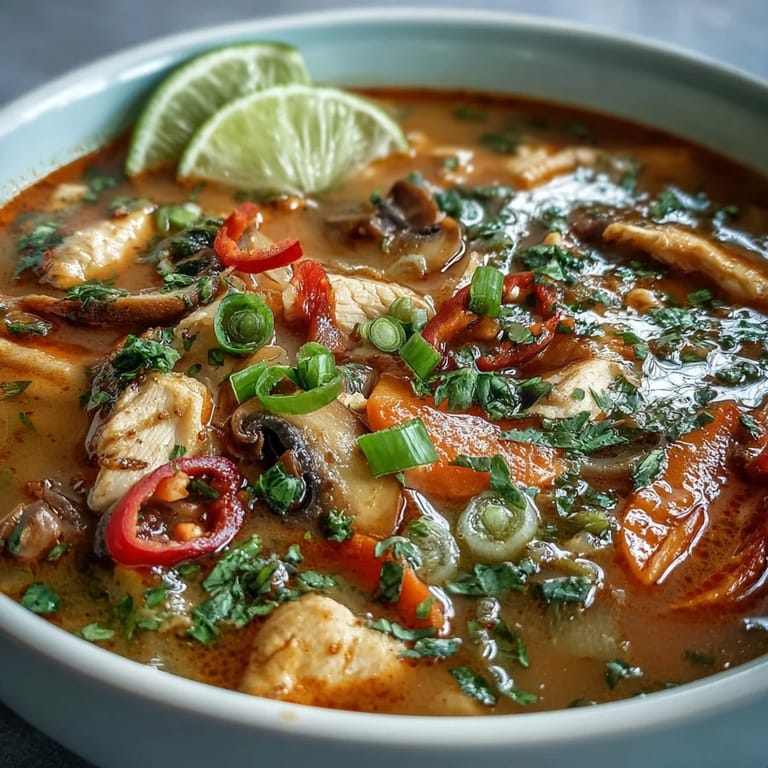 The Thai Coconut Curry Soup bowl is garnished with fresh cilantro and lime wedges, with crisp veggies peeking through.
