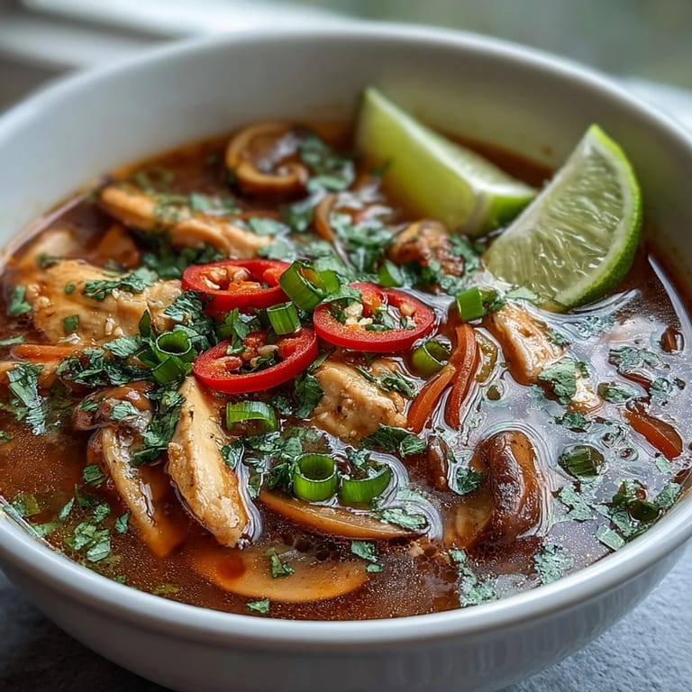 Overhead view shows a spoon dipping into a rich Thai Coconut Curry Soup with colorful carrots and chili slices.
