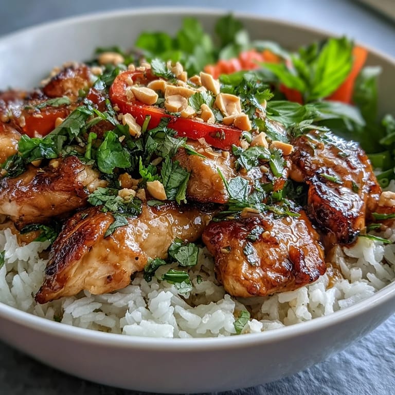 Steaming Thai Chicken Coconut Bowl garnished with chopped peanuts, cilantro, and lime wedges for a zesty finish.