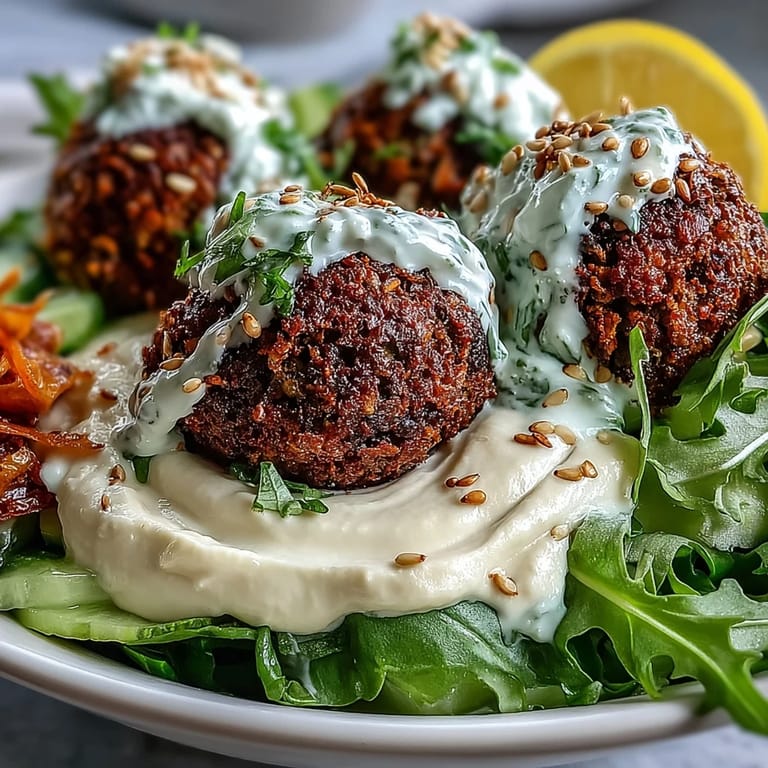 Served with lemon wedges, this Mediterranean-inspired falafel bowl looks fresh and ready to enjoy.