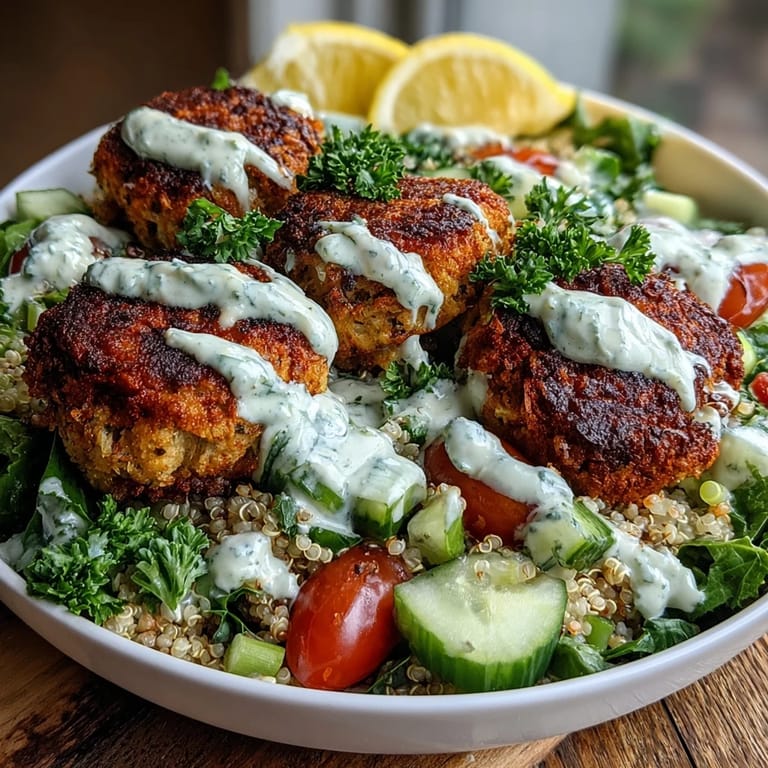 Crisp, herb-packed falafel and vibrant veggies are drizzled with creamy garlic tahini sauce in this wholesome Falafel Quinoa Salad Bowl.