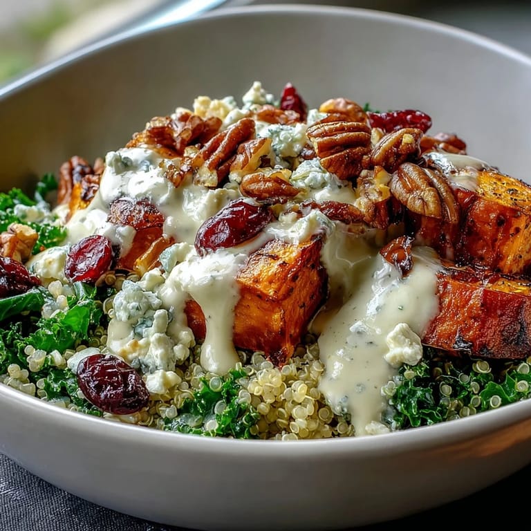 A generous Harvest Kale Quinoa Bowl topped with crunchy pecans, sweet dried cranberries, and tangy blue cheese crumbles served on a rustic wooden table.