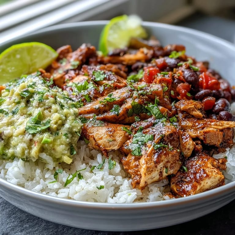 Colorful roasted veggies and juicy chicken sit on fluffy rice for a vibrant Sheet Pan Chicken Tinga Bowl.