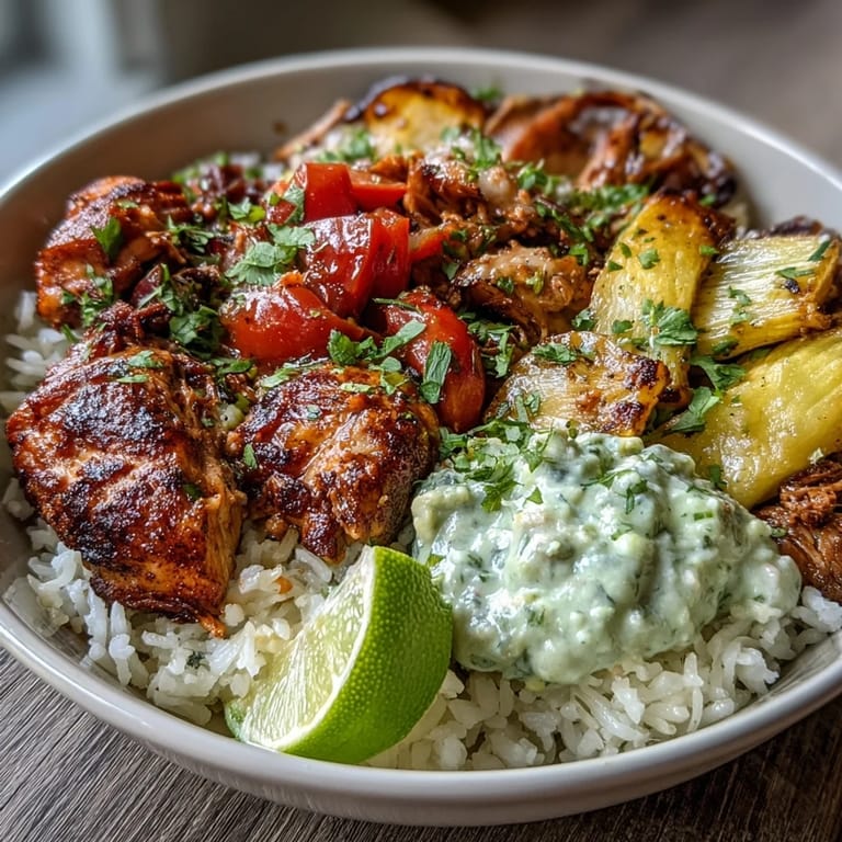 Smoky, sizzling Sheet Pan Chicken Tinga Bowl garnished with fresh cilantro and lime wedges served on a white plate.