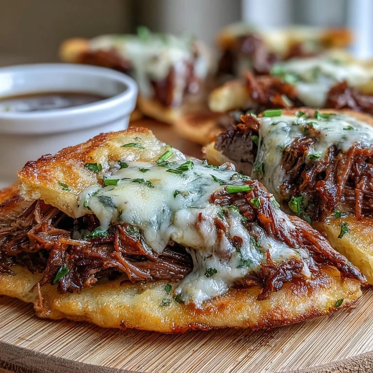 Slow-cooked shredded beef melts inside warm garlic naan, stuffed with gooey mozzarella and provolone.