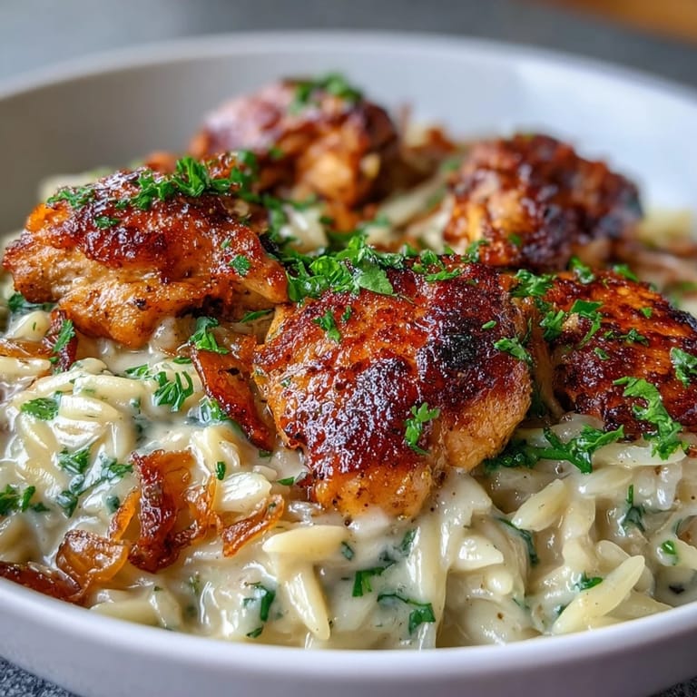 Serving suggestion for One-Pot Creamy Garlic Parmesan Chicken Orzo, plated with a side salad and garnished with fresh herbs.