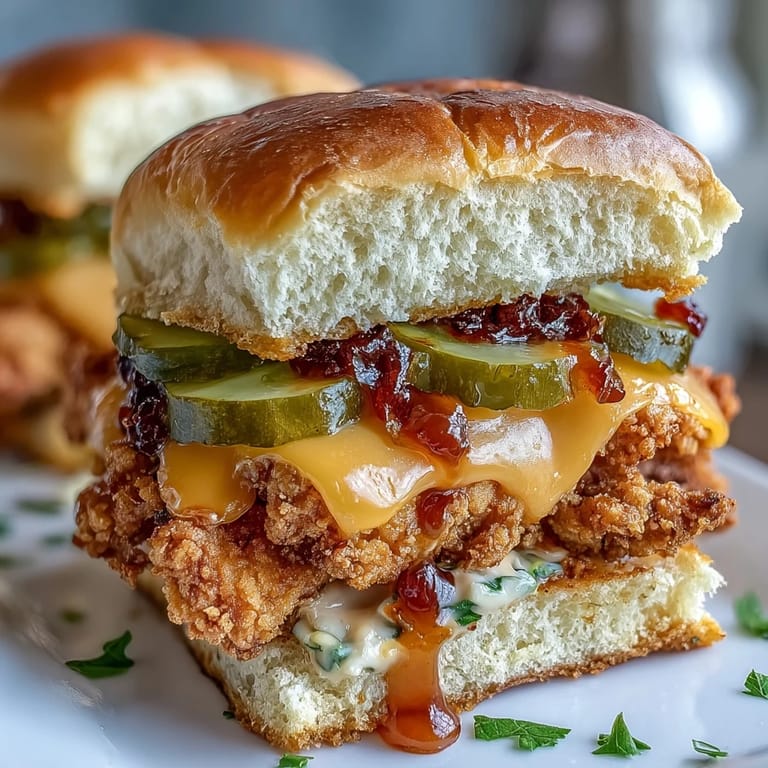Hearty sliders filled with crispy baked chicken, melted cheddar, and tangy dill pickles, drizzled with hot honey butter—this Spicy Honey Butter Chicken Sandwich Bake is perfect for game day.