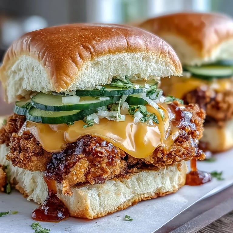 Freshly baked golden slider buns reveal a pull-apart Spicy Honey Butter Chicken Sandwich Bake, showcasing crunchy chicken, gooey cheese, and sweet heat from the hot honey butter glaze.
