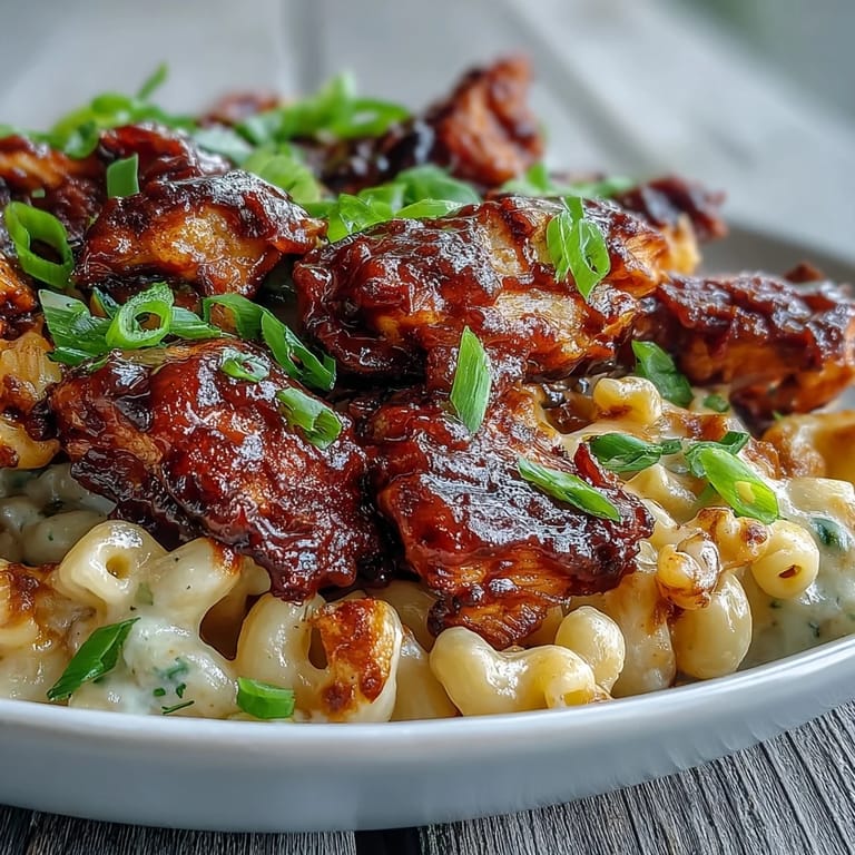 Close-up of a fork lifting cheesy pasta from a Sticky Honey BBQ Chicken Pasta Skillet, highlighting the sticky glaze and melted cheese.