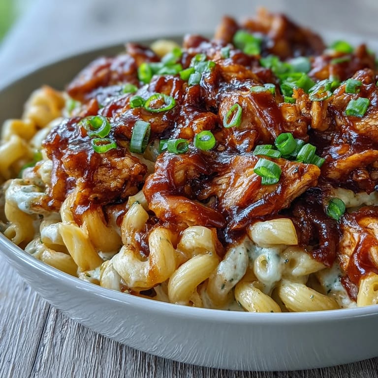 Freshly prepared Sticky Honey BBQ Chicken Pasta Skillet garnished with sliced green onions, served hot for a comforting weeknight dinner.