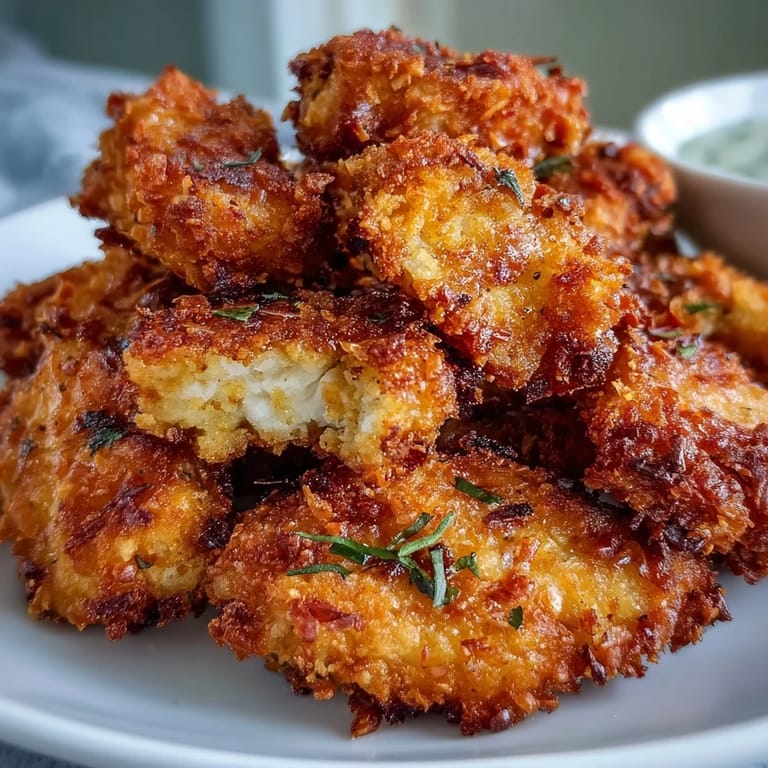 Freshly baked Asiago Panko Chicken Bites paired with creamy ranch dip and herbs