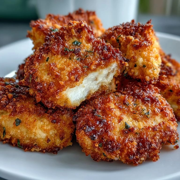Freshly baked Asiago Panko Chicken Bites paired with creamy ranch dip and herbs