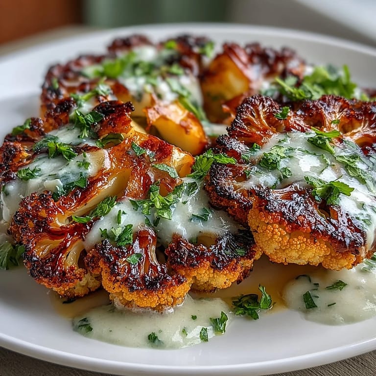 Spicy roasted cauliflower steaks seasoned with chili-lime marinade, served with a smooth avocado crema and garnished with fresh cilantro.