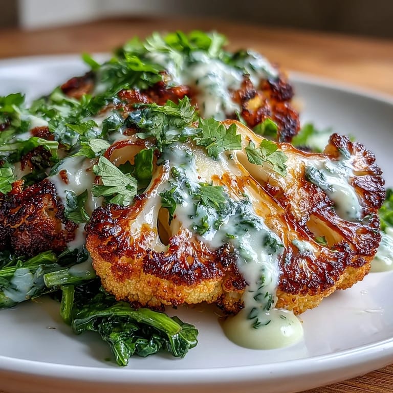 Low-carb cauliflower steaks infused with smoky paprika and chili, topped with rich avocado crema for a bold vegetarian main dish.