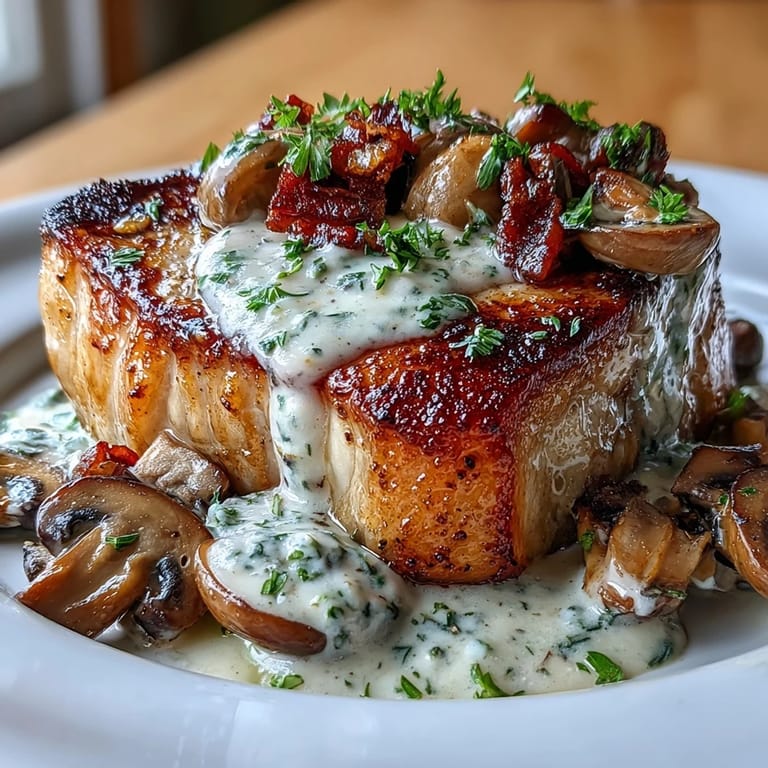Savory bone-in pork chops seared to perfection, topped with a rich Parmesan cream sauce and served with herb-roasted radishes.  