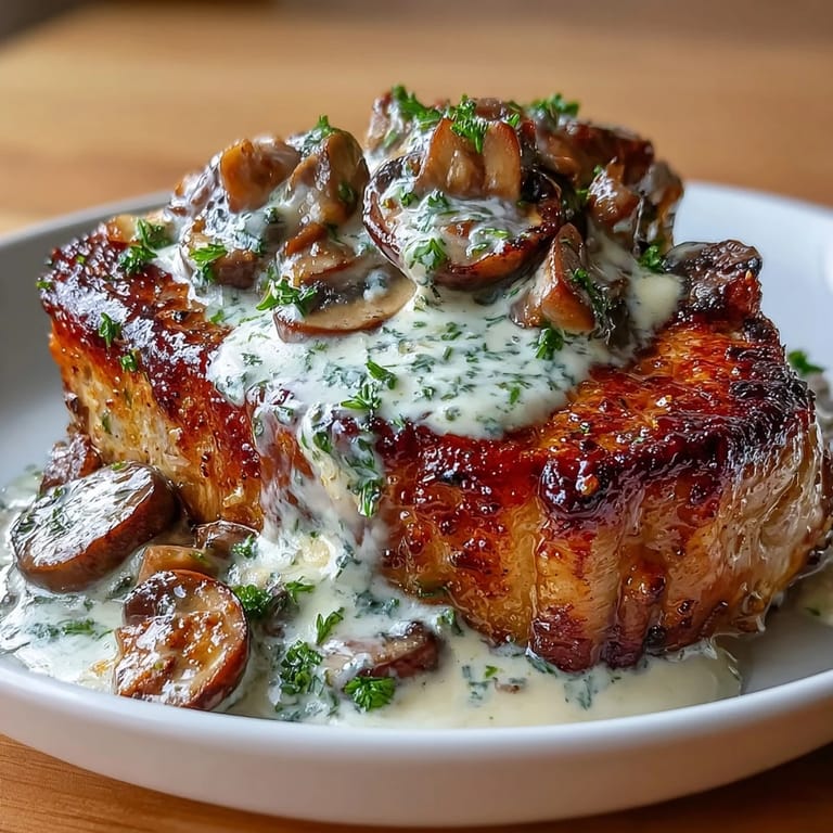 Tender pork chops simmered in a luscious mushroom cream sauce, accompanied by crisp roasted radishes for a low-carb feast.