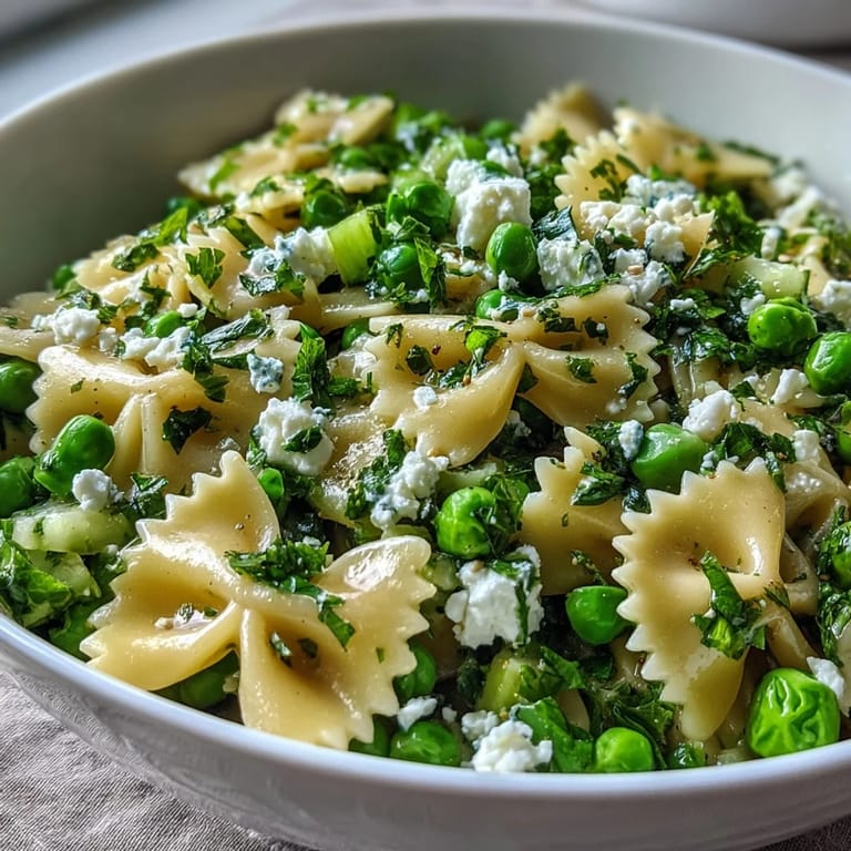 Close-up view of colorful spring pea and mint pasta salad tossed in a zesty lemon vinaigrette, garnished with fresh herbs.  