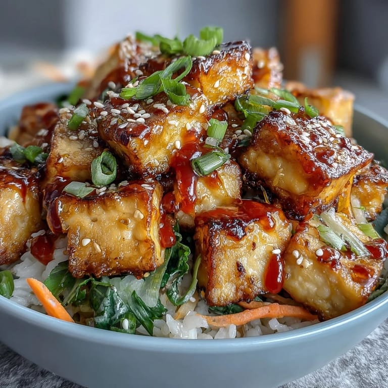 Vegan Crispy Tofu Banh Mi Bowls with Pickled Veggies: Colorful plant-based bowl featuring crunchy tofu, vibrant pickled vegetables, and zesty sriracha mayo served over fluffy jasmine rice with cilantro and jalapeño garnish.