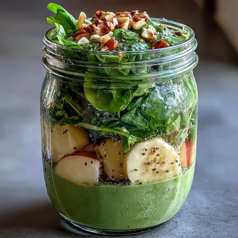 Tropical pineapple and spinach smoothie jars with banana and chia, perfect for quick, nutrient-packed meal prep breakfasts.