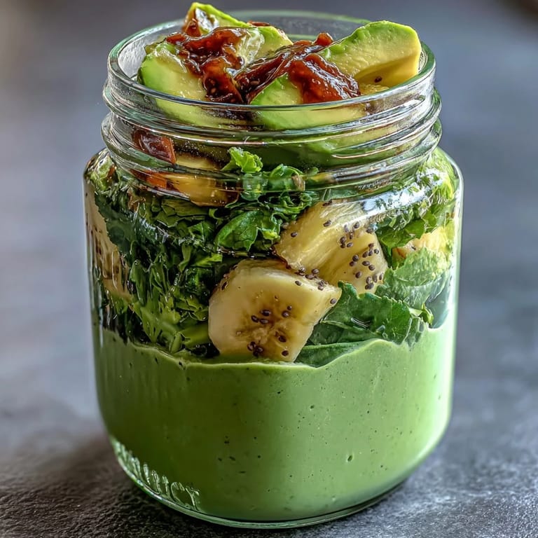 Four vibrant green smoothie jars with chia seeds, apple, and spinach, ready for easy meal prep and healthy breakfasts.