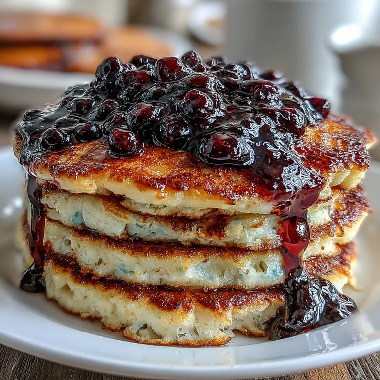 Golden whole wheat pancakes with Greek yogurt and a warm, naturally sweet blueberry compote, perfect for a protein-packed breakfast.  
